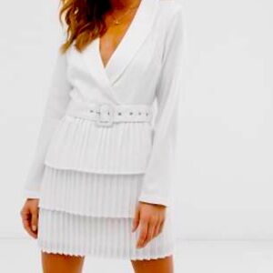 Front blazer dress with pleated skirt in white